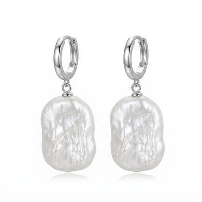 Rectangular Geometric Hoop Earrings with Lustrous Baroque Pearl Drops