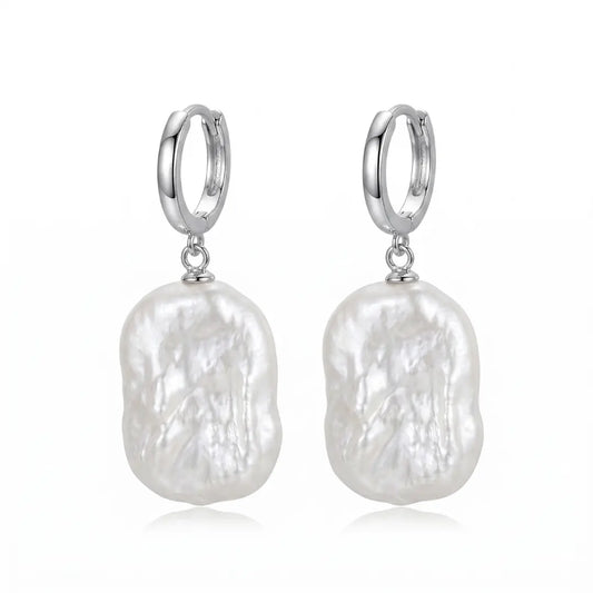 Rectangular Geometric Hoop Earrings with Lustrous Baroque Pearl Drops