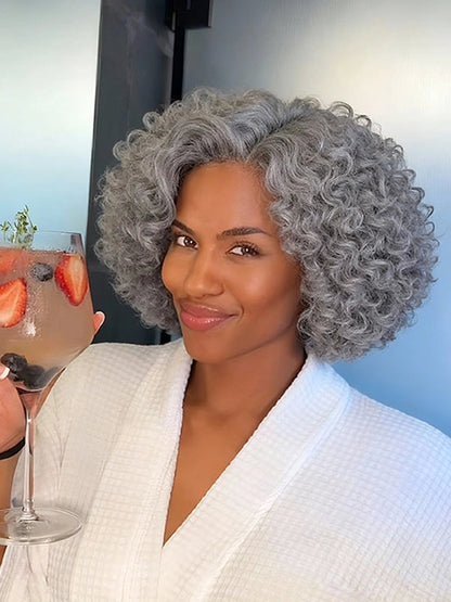 13x4 Salt & Pepper Bouncy Curls Glueless Grey Wig 100% Human Hair