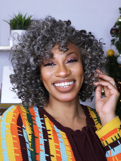 13x4 Salt & Pepper Bouncy Curls Glueless Grey Wig 100% Human Hair