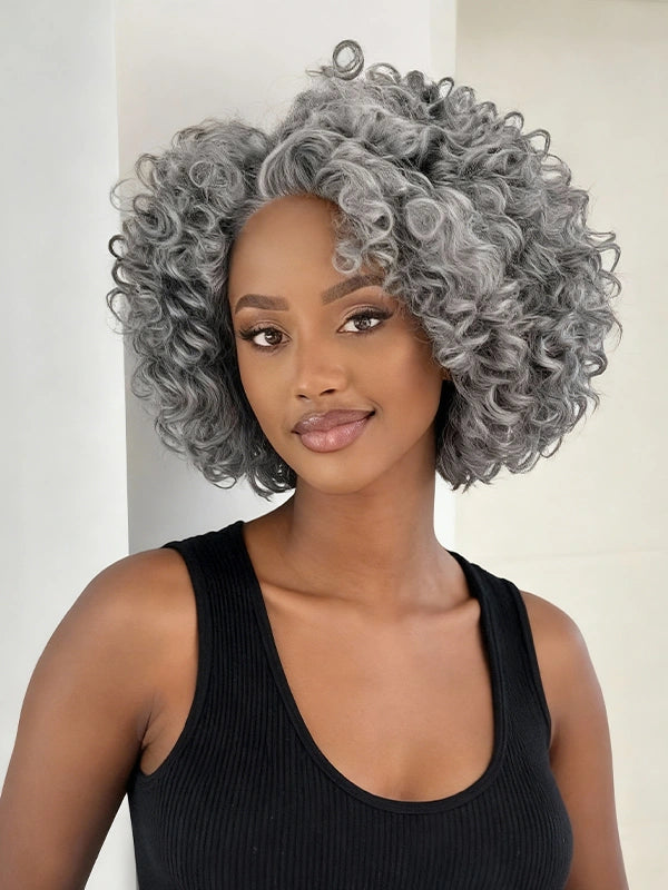 13x4 Salt & Pepper Bouncy Curls Glueless Grey Wig 100% Human Hair