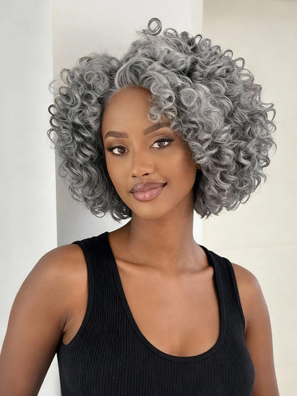 13x4 Salt & Pepper Bouncy Curls Glueless Grey Wig 100% Human Hair