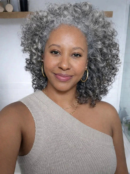 13x4 Salt & Pepper Bouncy Curls Glueless Grey Wig 100% Human Hair
