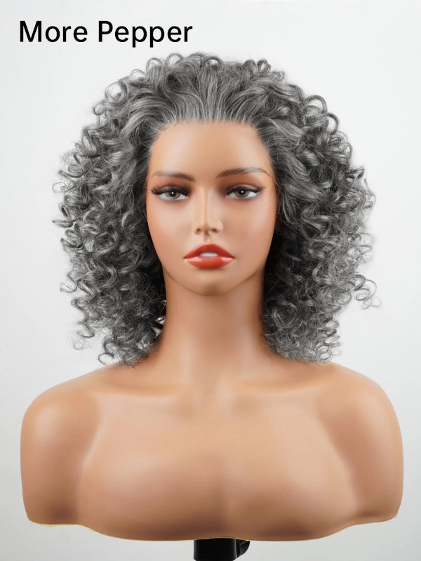 13x4 Salt & Pepper Bouncy Curls Glueless Grey Wig 100% Human Hair