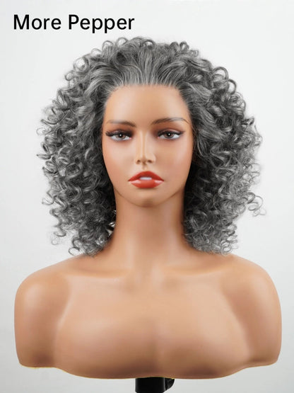 13x4 Salt & Pepper Bouncy Curls Glueless Grey Wig 100% Human Hair