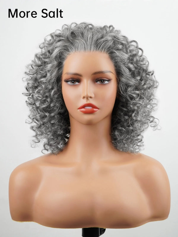 13x4 Salt & Pepper Bouncy Curls Glueless Grey Wig 100% Human Hair