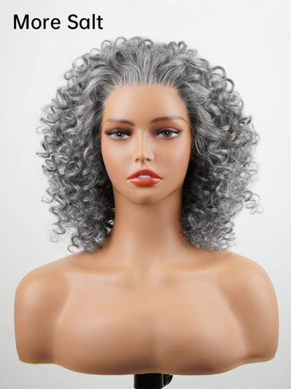 13x4 Salt & Pepper Bouncy Curls Glueless Grey Wig 100% Human Hair
