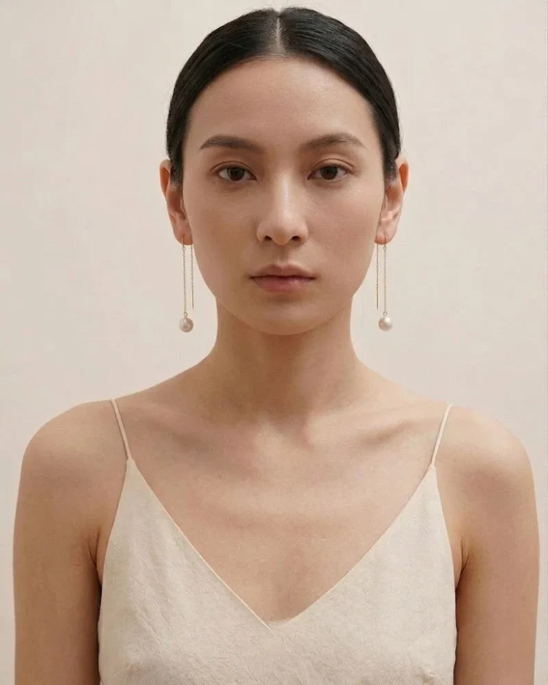 18K Solid Gold Japanese Akoya Pearl Threader Earrings