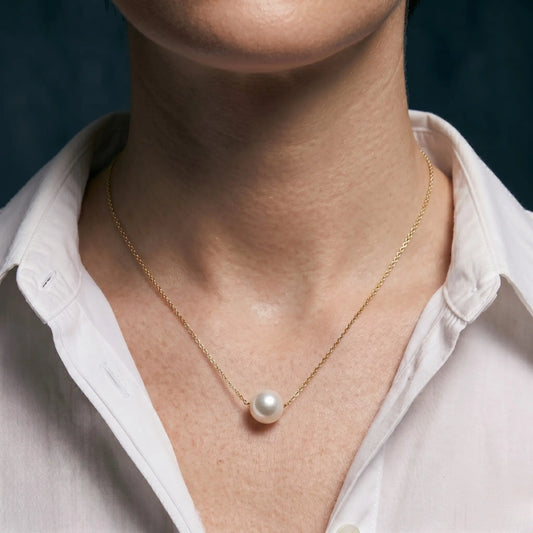 Solid 18K Gold Floating Freshwater Pearl Necklace Pendant 9-9.5mm
