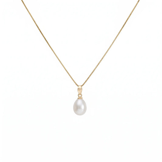 18K Solid Gold Teardrop Pearl Pendant Necklace 6-7mm