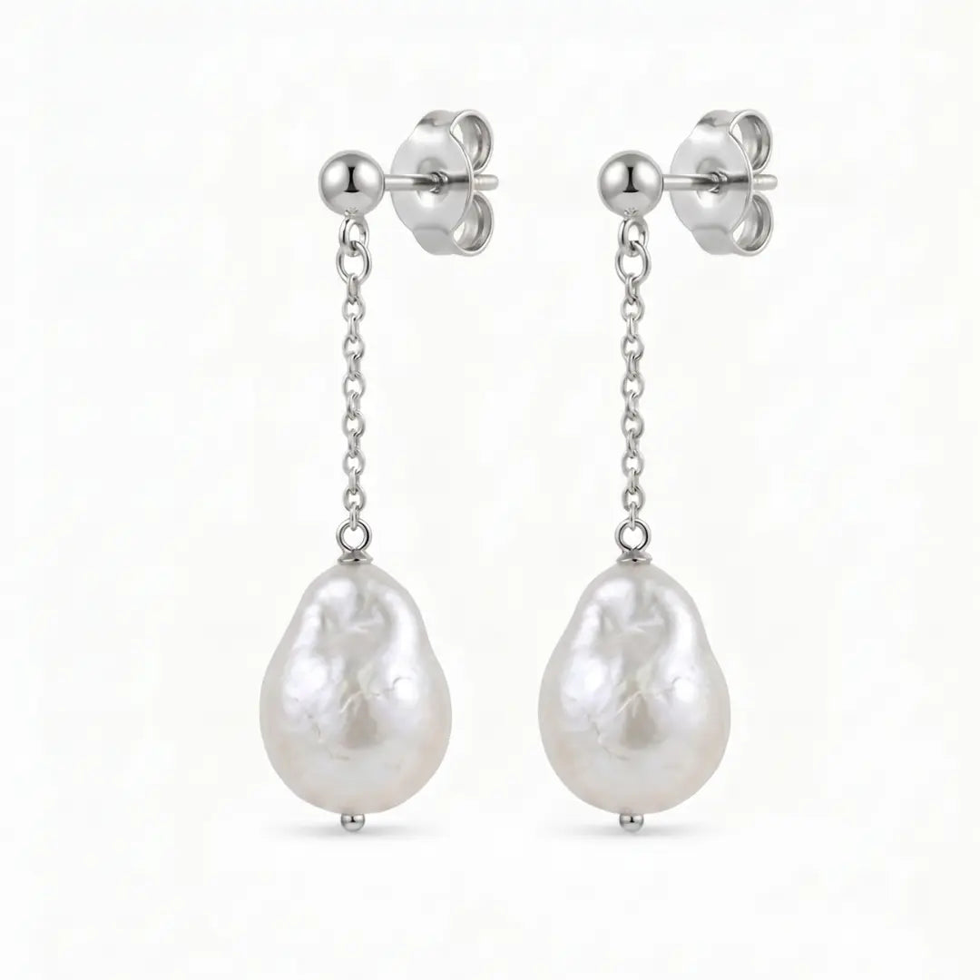 18K Gold Baroque Pearl Drop Earrings, Large White Teardrop Pearls for Women