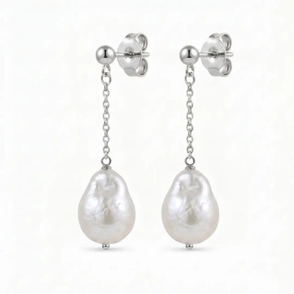 18K Gold Baroque Pearl Drop Earrings, Large White Teardrop Pearls for Women