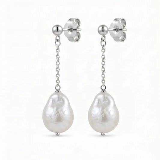 18K Gold Baroque Pearl Drop Earrings, Large White Teardrop Pearls for Women