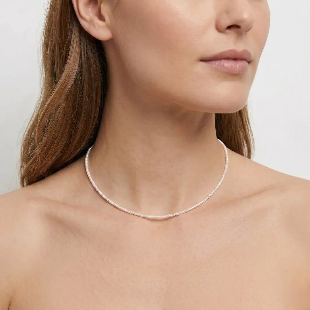 Skinny Pearl Necklace 18K Solid Gold 2-2.5mm Freshwater Pearl Choker