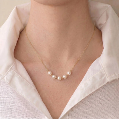 Versatile 18K Solid Gold Sliding Pearl Necklace, 2-in-1 Station 5-5.5mm Freshwater Pearl Choker for Women