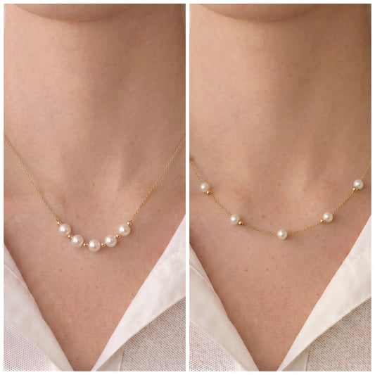 Versatile 18K Solid Gold Sliding Pearl Necklace, 2-in-1 Station 5-5.5mm Freshwater Pearl Choker for Women