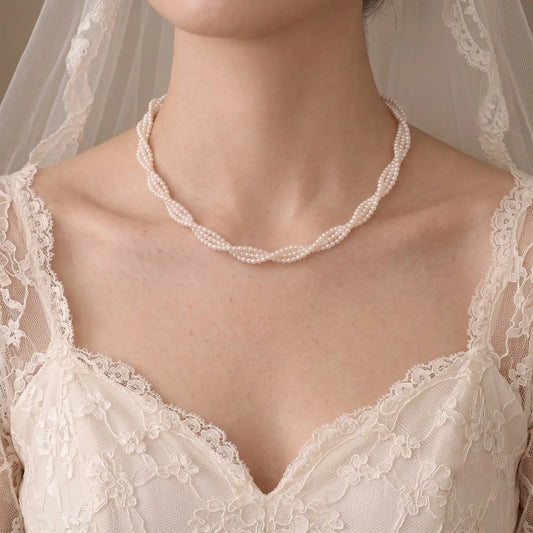 Twisted Pearl Necklace -3-3.5mm-Strand Tiny White Pearl Woven Necklace
