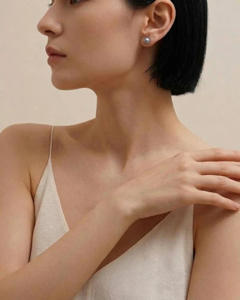 S925 Sterling Silver Gray Pearl Earrings, 7-7.5mm Natural Luster Studs